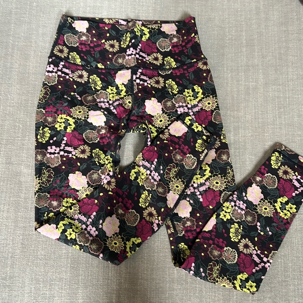 Floral High-Waist Women's Leggings - Black with Pink & Yellow Flowers